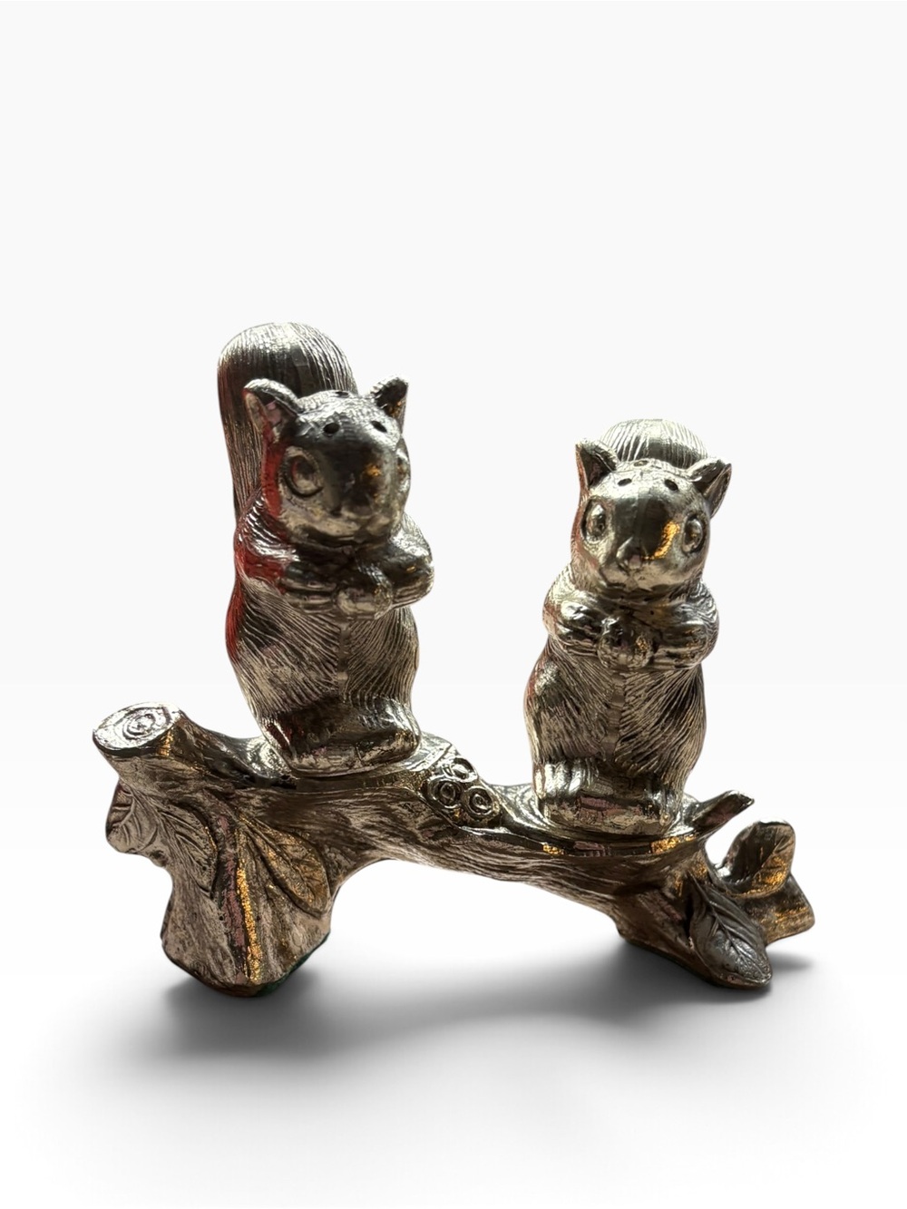 3PC SALT & PEPPER SHAKER SET SILVER METAL SQUIRRELS PERCHED ON BRANCH VTG